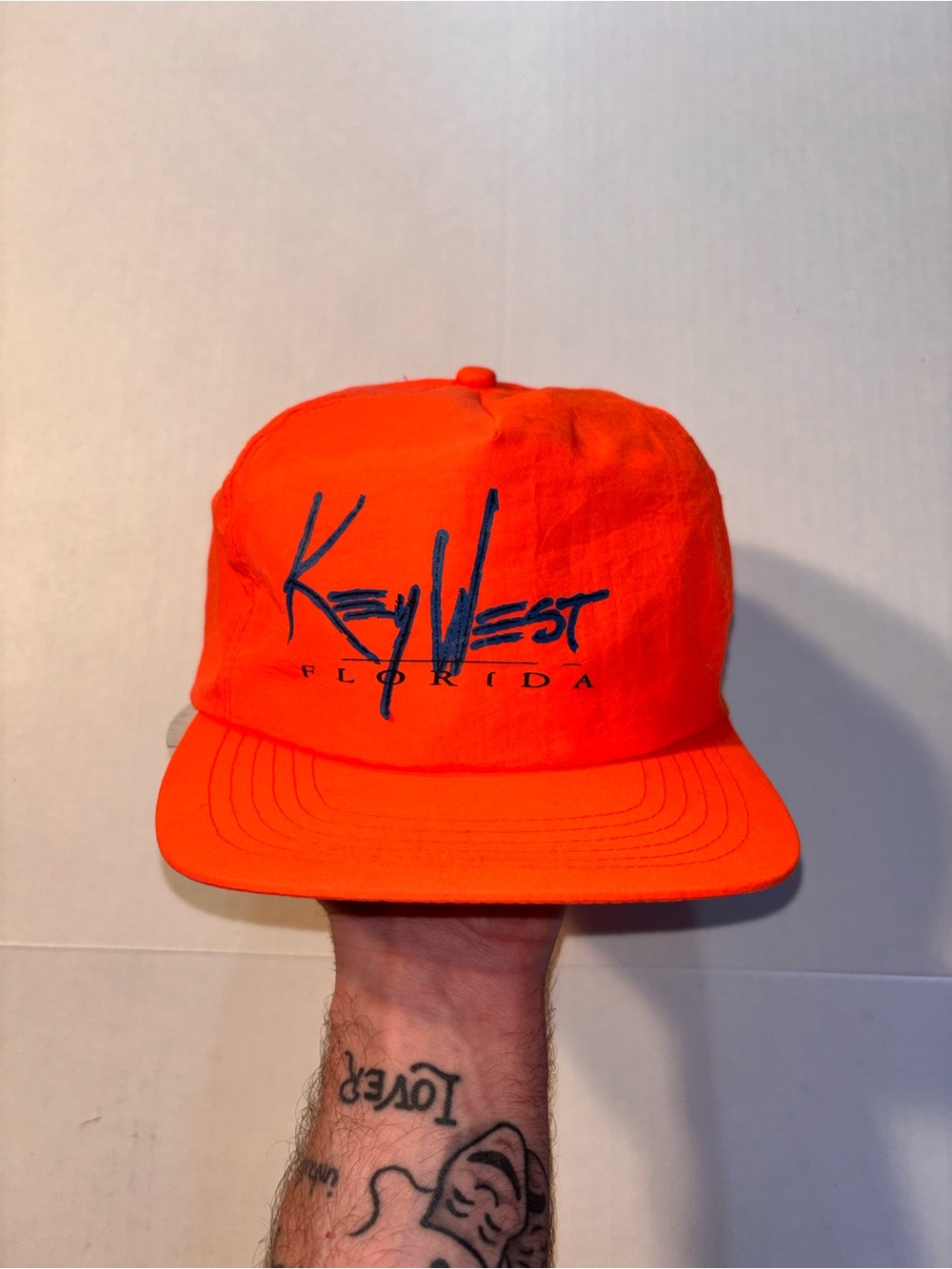 Vtg Mega Cap Key West Florida Script Neon Orange 90’s Nylon SnapBack Hat